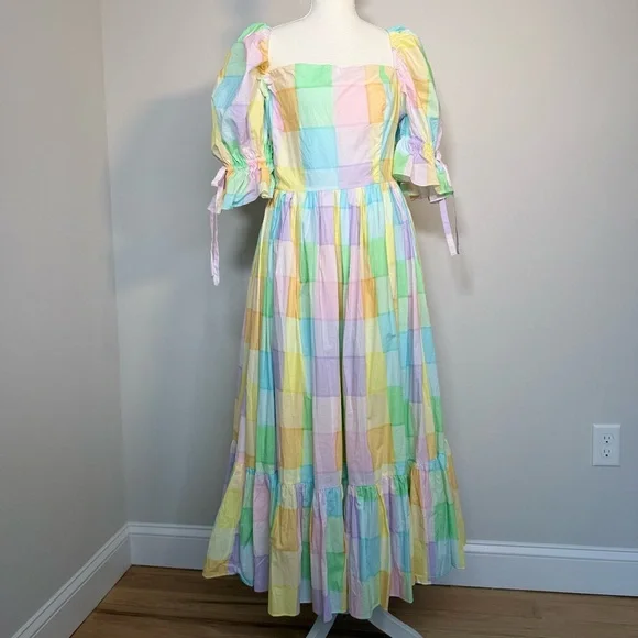 Selkie The Brunch Market Dress Pastel Plaid Puff Sleeve Midi NWT Size 2X - Picture 3 of 10